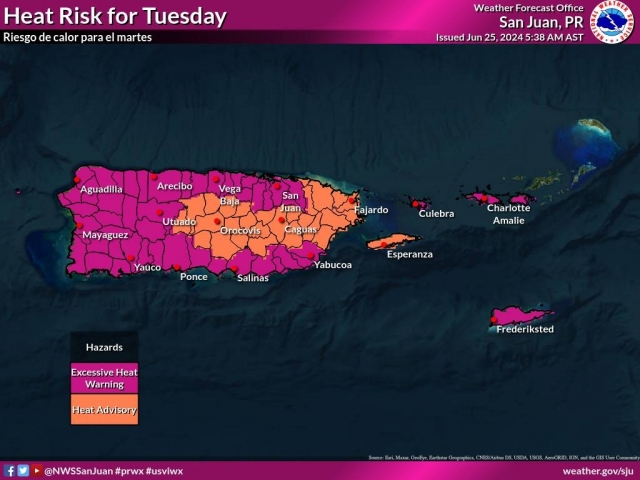 푸에르토리코 폭염특보 발효 지역을 표시한 지도 [미국 기상청 홈페이지]