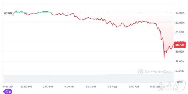 비트코인 일일 가격 추이. 6시30분 이후 급락하기 시작해 7시 이후 반등하고 있다.  - 코인마켓캡 갈무리