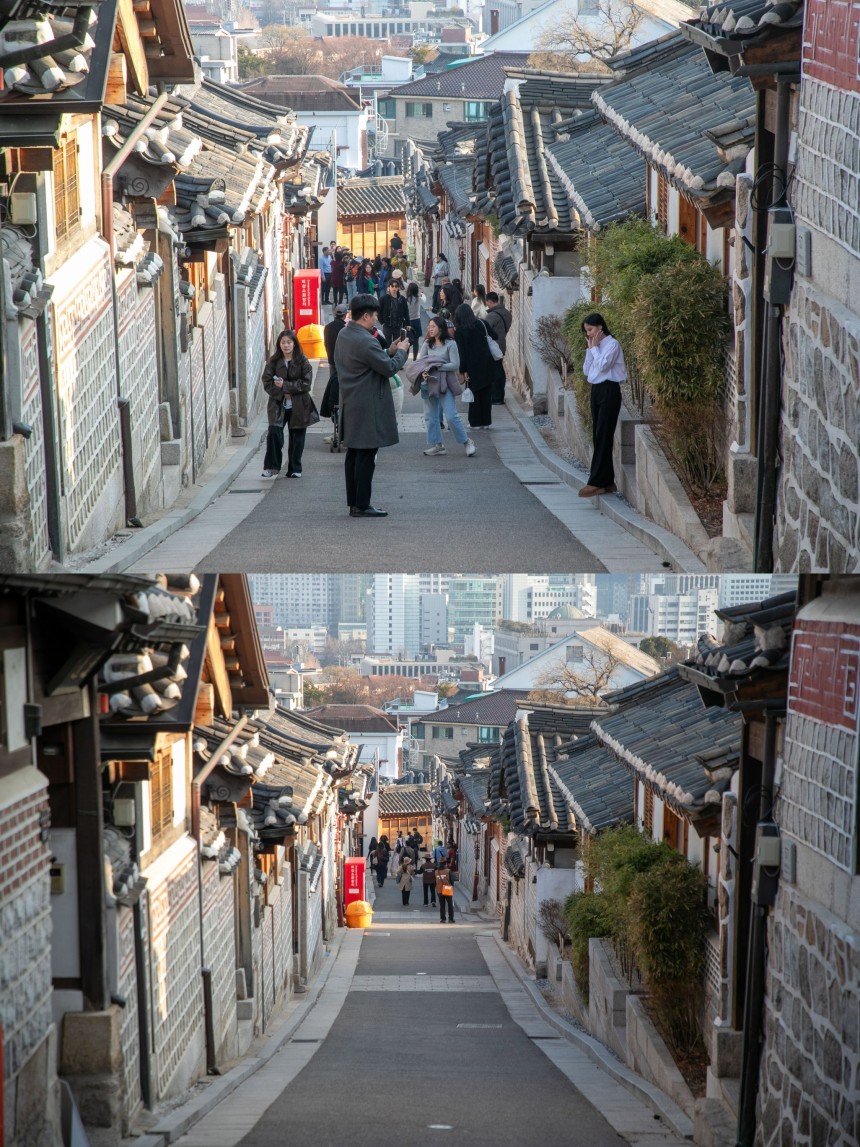 지난 11일 ‘야간 통금 시간’ 전후 서울 종로구 북촌한옥마을의 모습.관광객들로 북적이던 북촌한옥마을(위 사진)은 오후 5시 통금 시간이 되자 한산해졌다(아래 사진). 카우보이 복장을 한 보안관들이 관광객들을 골목